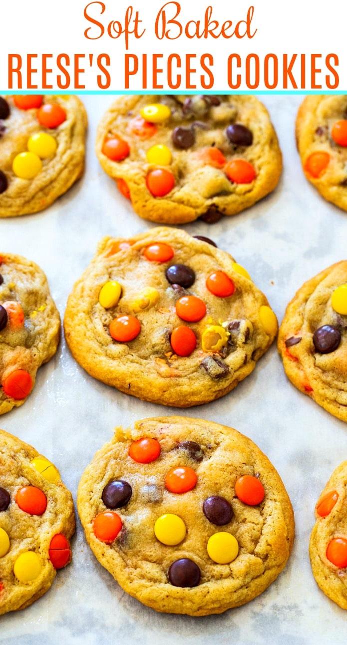 Reese's Pieces Cookies on a baking sheet.