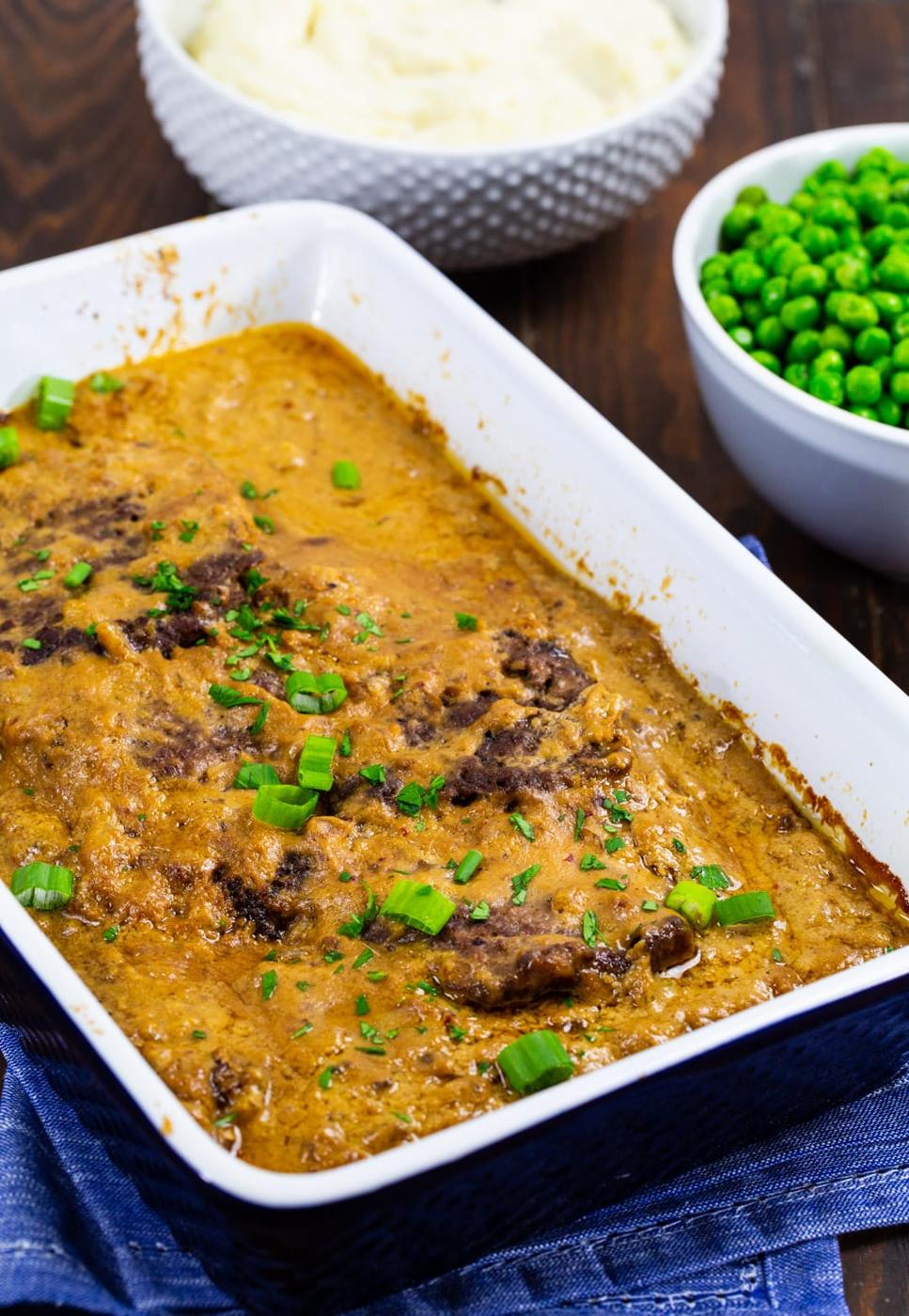 Cubed Beef covered with sour cream sauce.