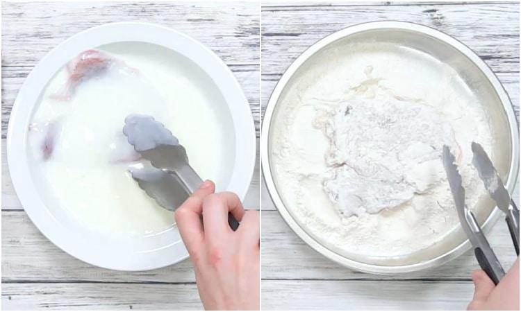 Dipping pork chops in buttermilk and flour.