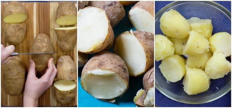 Preparing the potatoes.