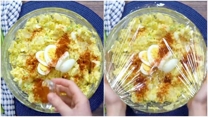 Finishing the potato salad.