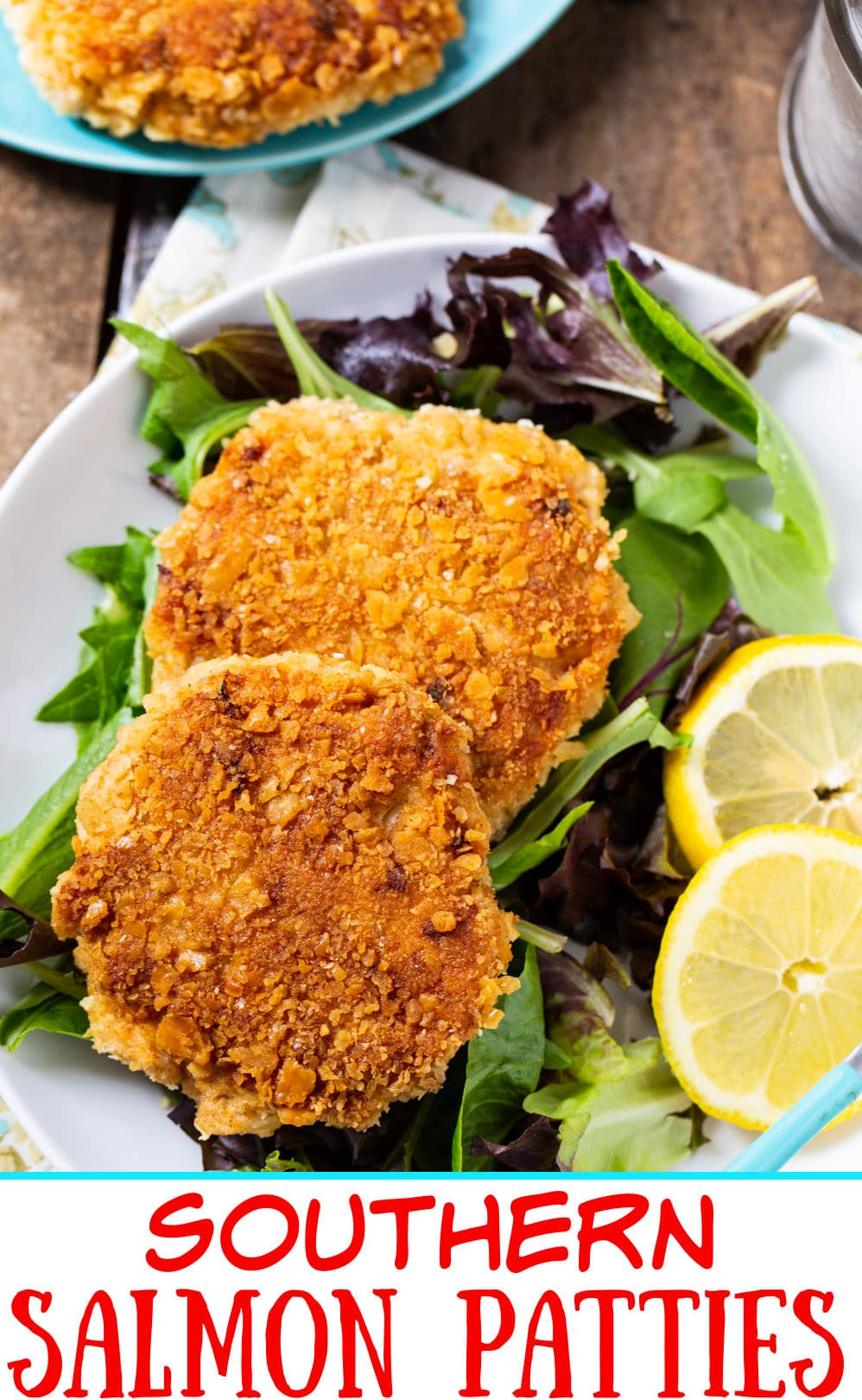 Southern Salmon Patties on top of bed of lettuce.