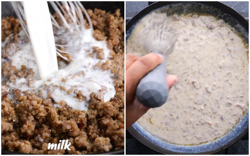 Milk added to pan.
