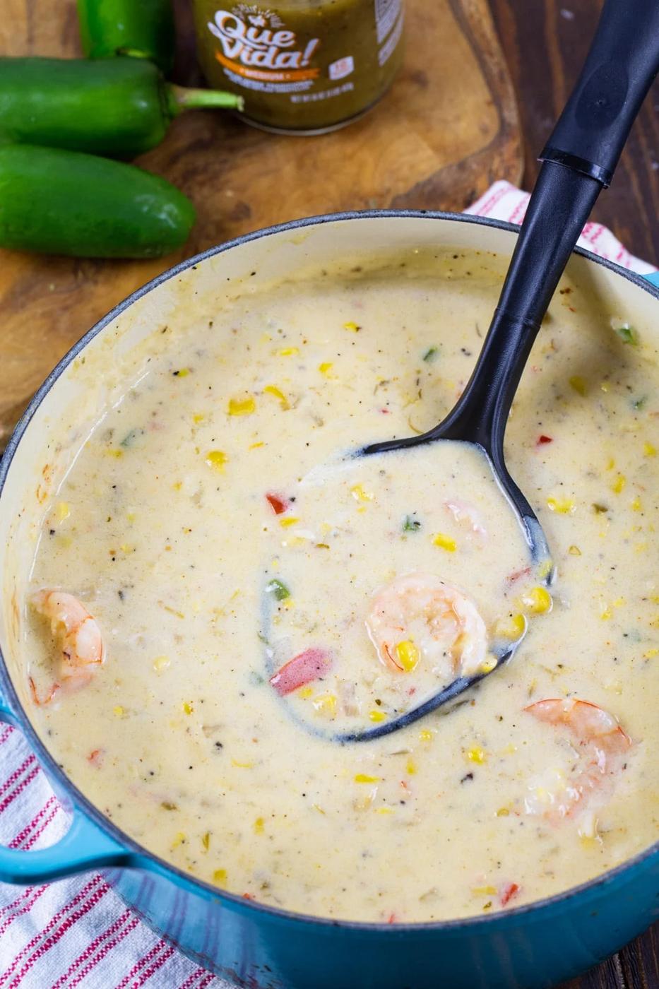 Southwestern Shrimp Chowder in a blue Dutch oven.