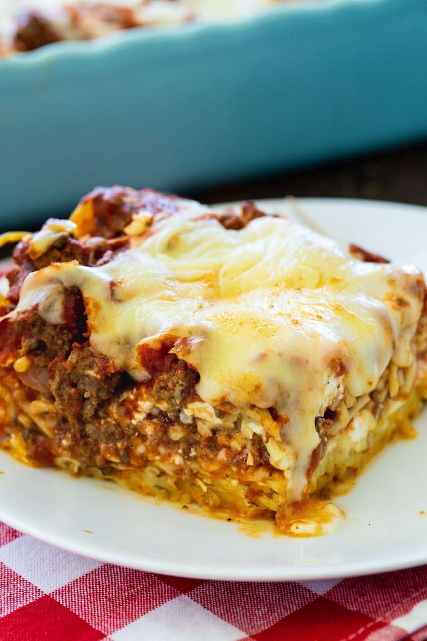 Slice of Baked Spaghetti Casserole on a plate