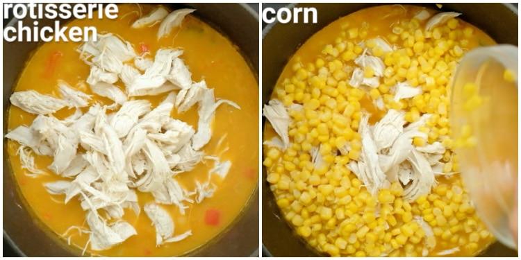 Adding chicken and corn.