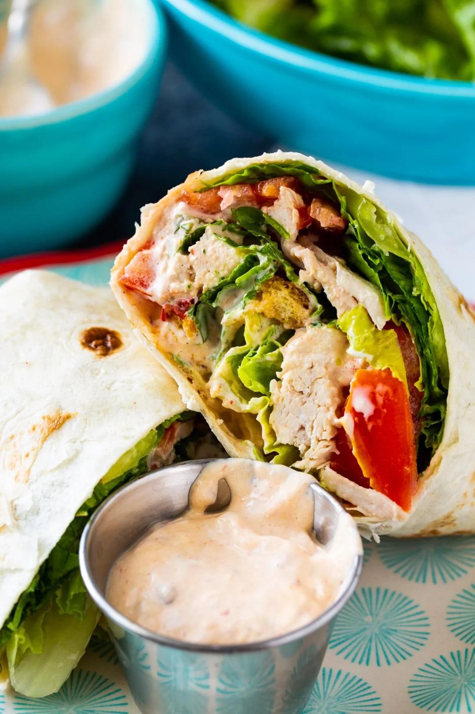 Spicy Chicken Caesar Salad Wrap on a plate.