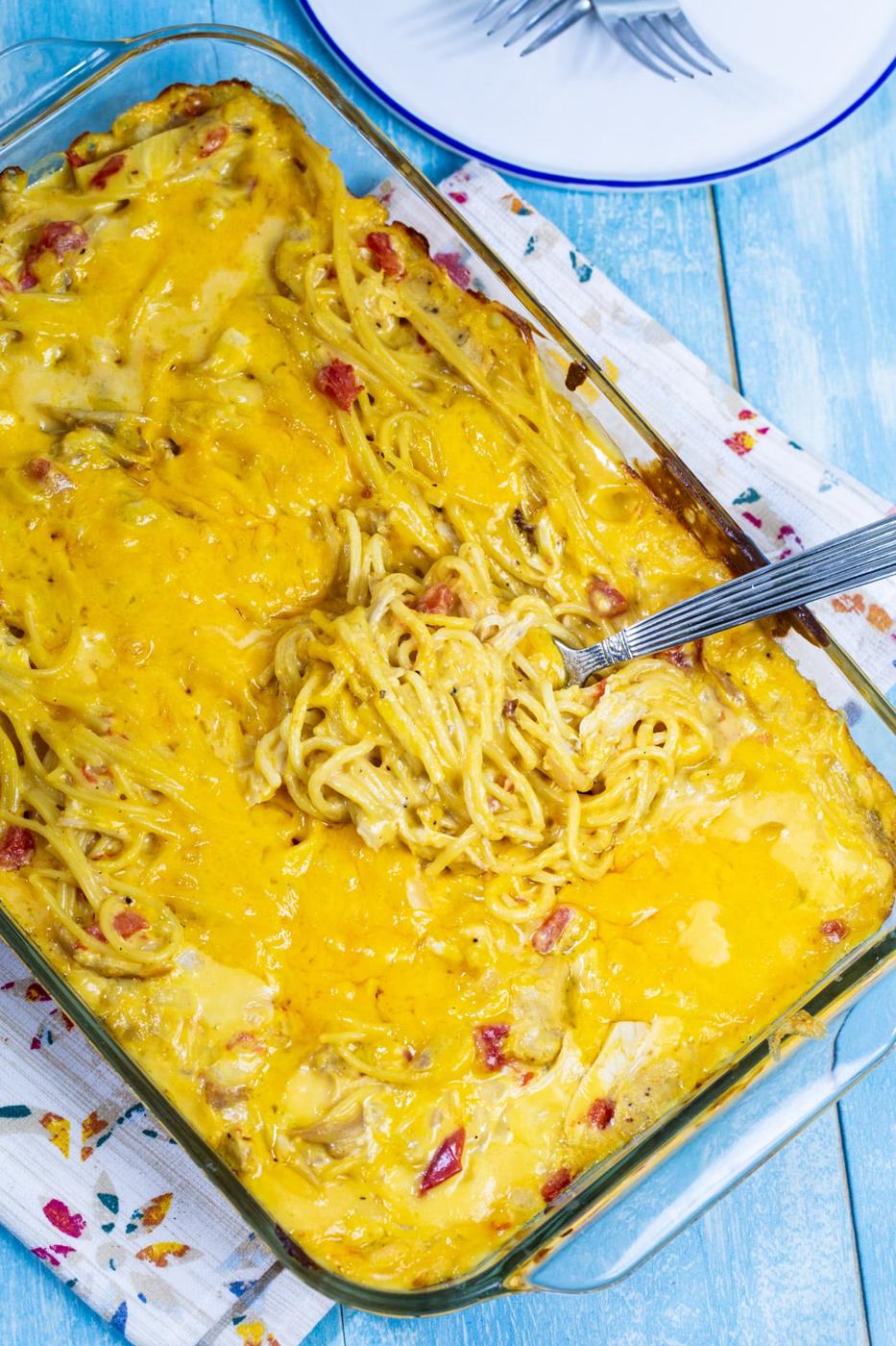 Chicken spaghetti casserle in baking dish.