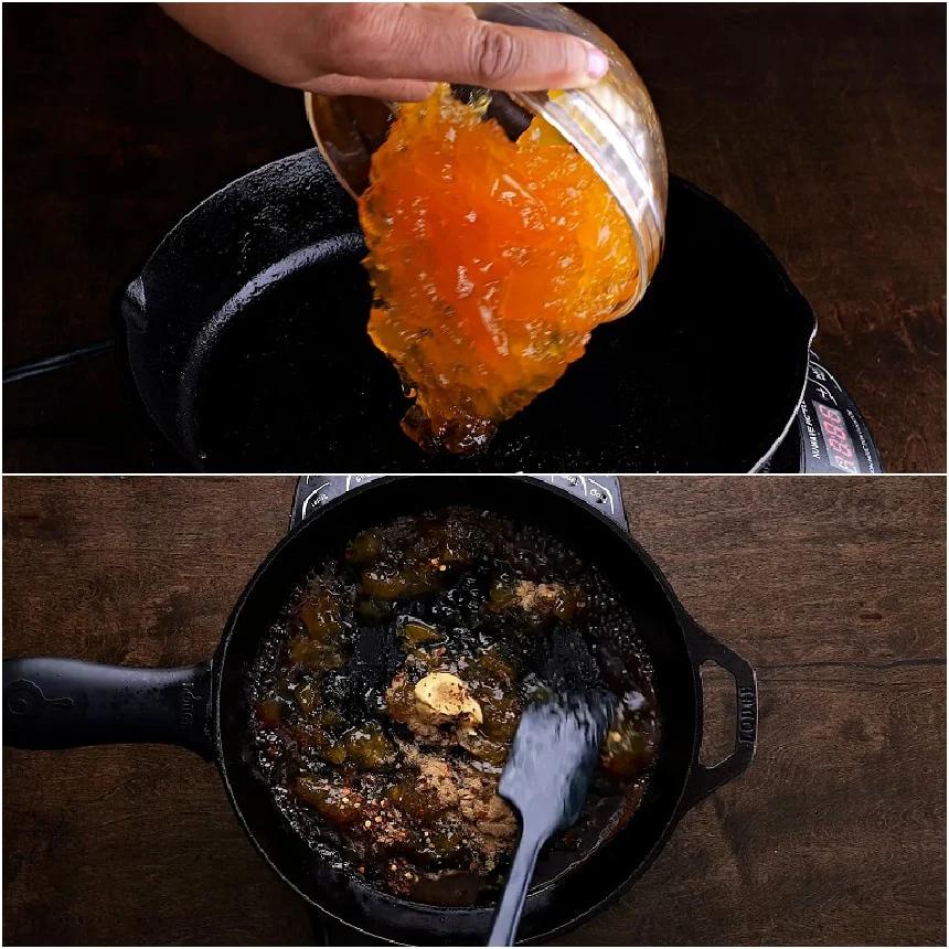 Adding glaze ingredients to skillet.