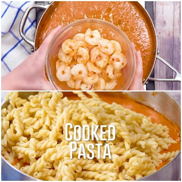 Adding pasta and shrimp.