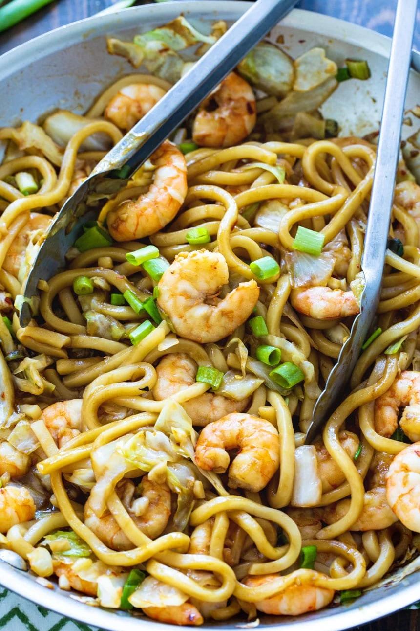 Spicy Shrimp Udon in a large skillet