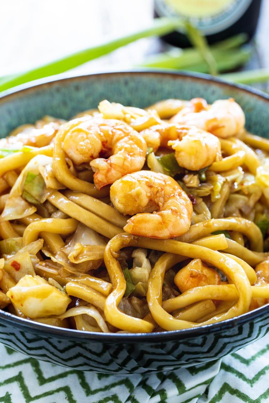 Spicy Shrimp Udon in serving bowl