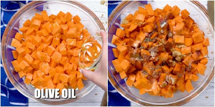 Drizzling sweet potatoes with oil and adding seasonings.