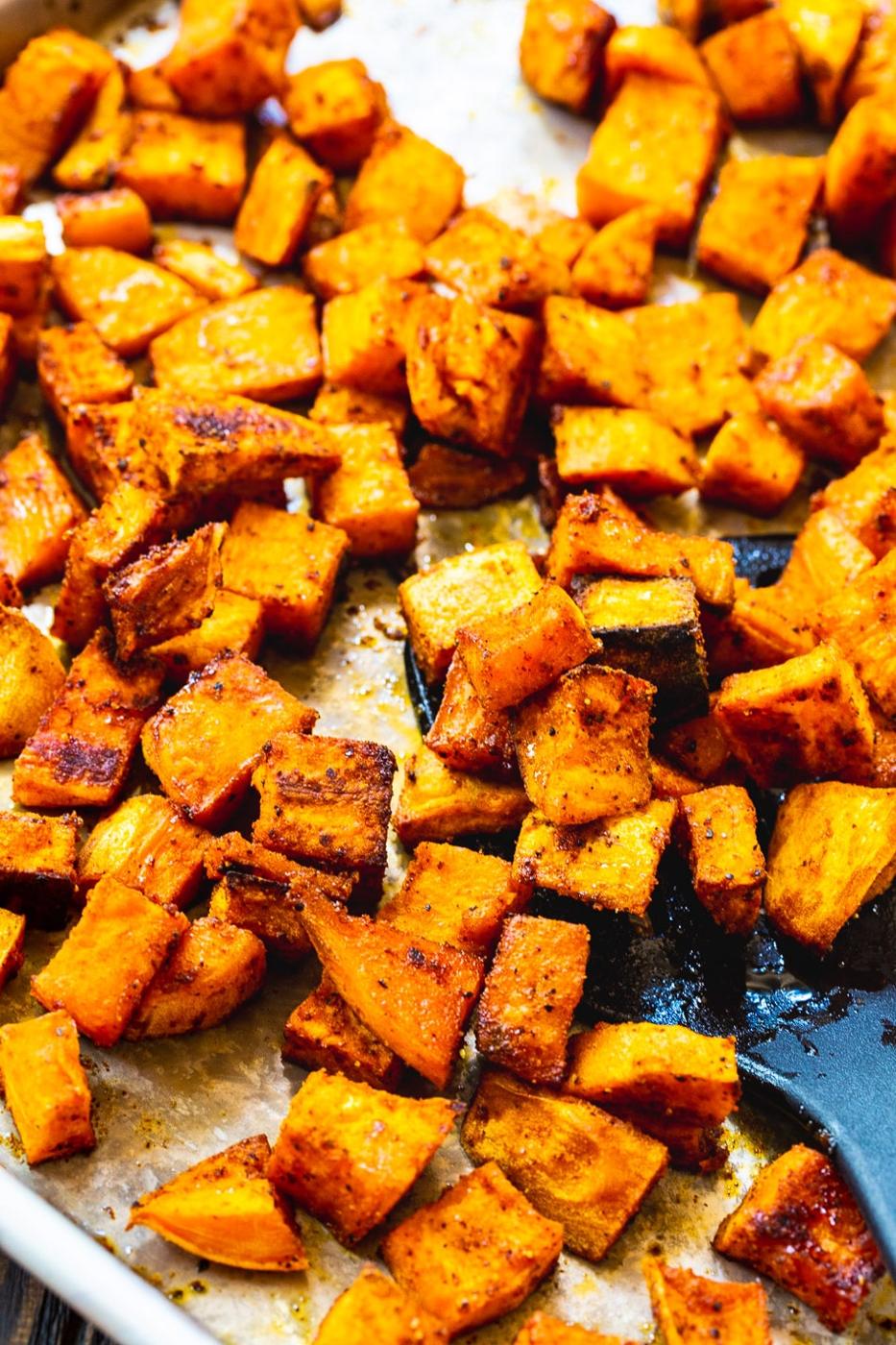 Roasted Sweet Potatoes on a baking sheet.