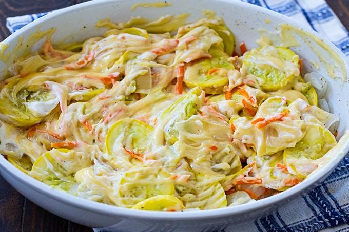 squash and onions in casserole dish