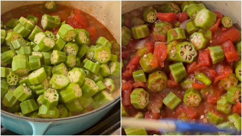 Simmering the okra and tomatoes.
