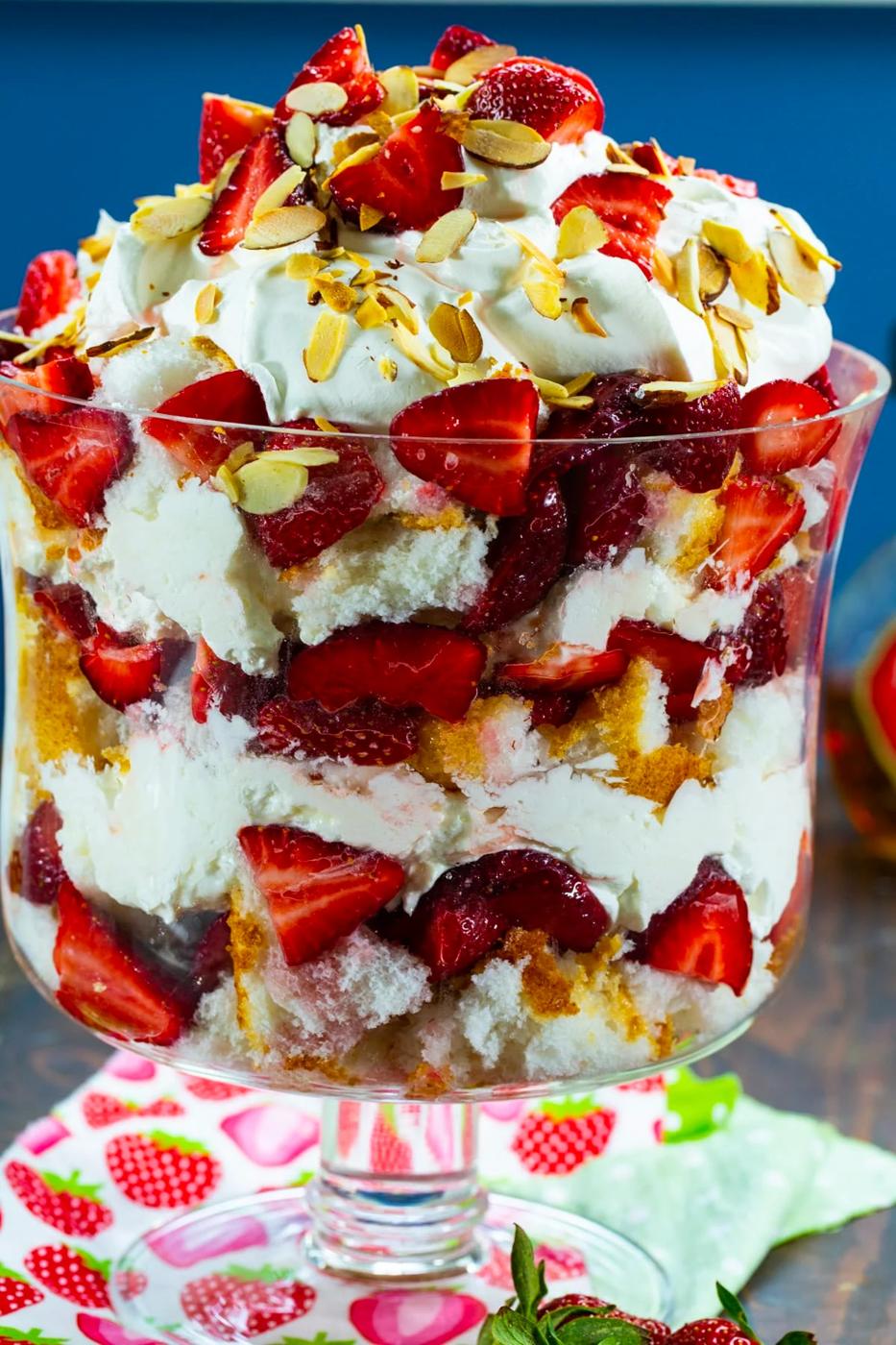 Strawberry Amaretto Trifle in trifle dish.