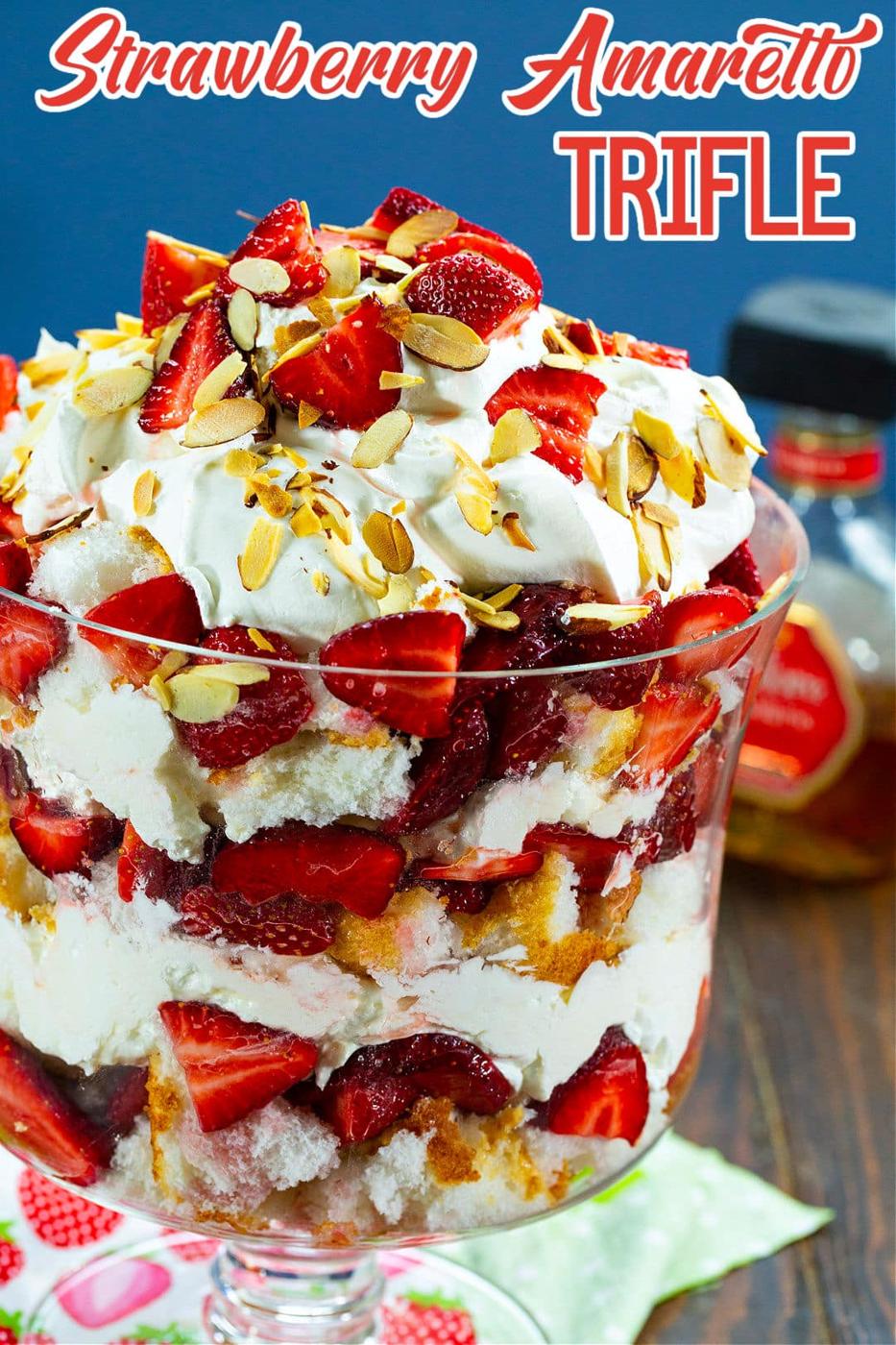 Strawberry Amaretto Trifle in trifle dish.