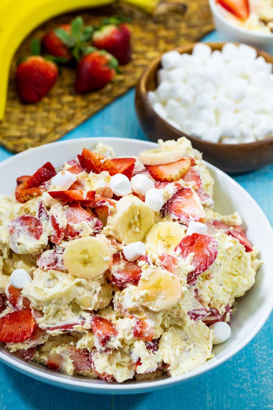 Strawberry Banana Cheesecake Salad in a serving bowl.