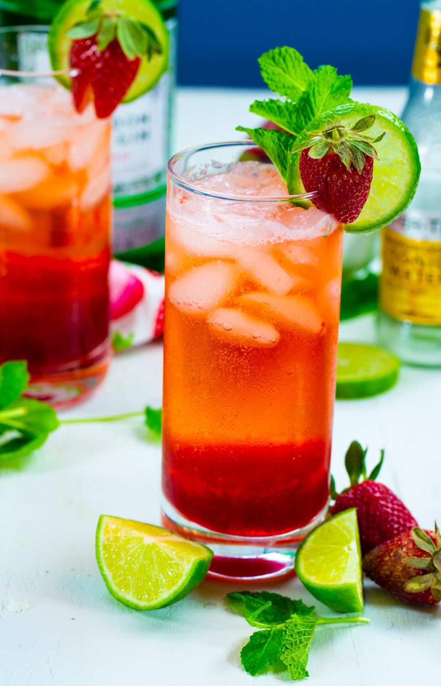 Strawberry Gin and Tonic in tall glass.
