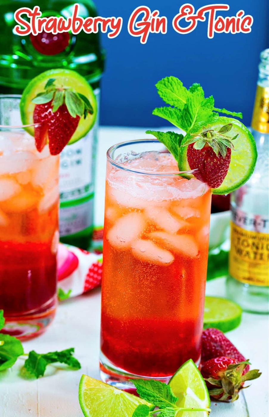 Strawberry Gin and Tonic in tall glass.