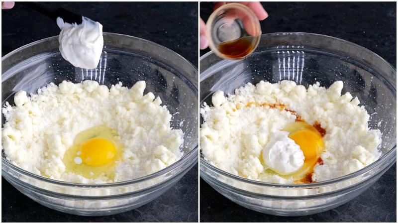 Adding sour cream and vanilla to dough.