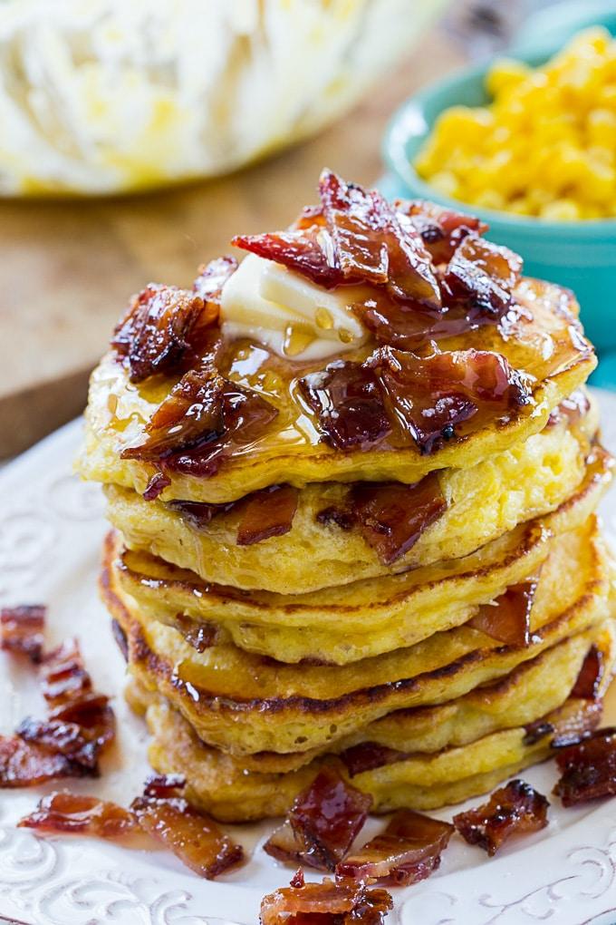 Sweet Corn and Candied Bacon Pancakes