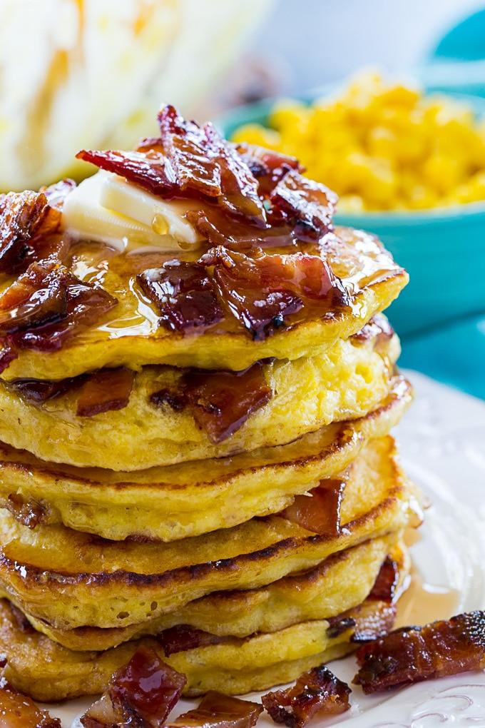 Sweet Corn and Candied Bacon Pancakes