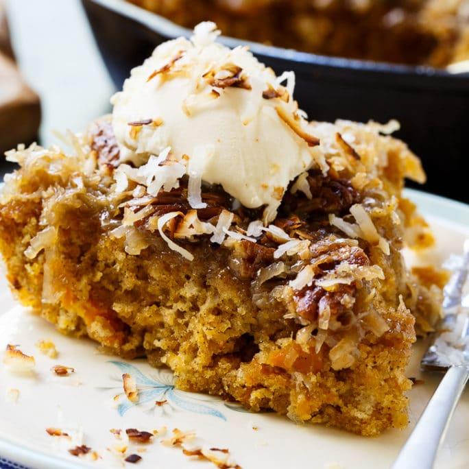 Sweet Potato Skillet Cake with Broiled Coconut and Pecan Icing