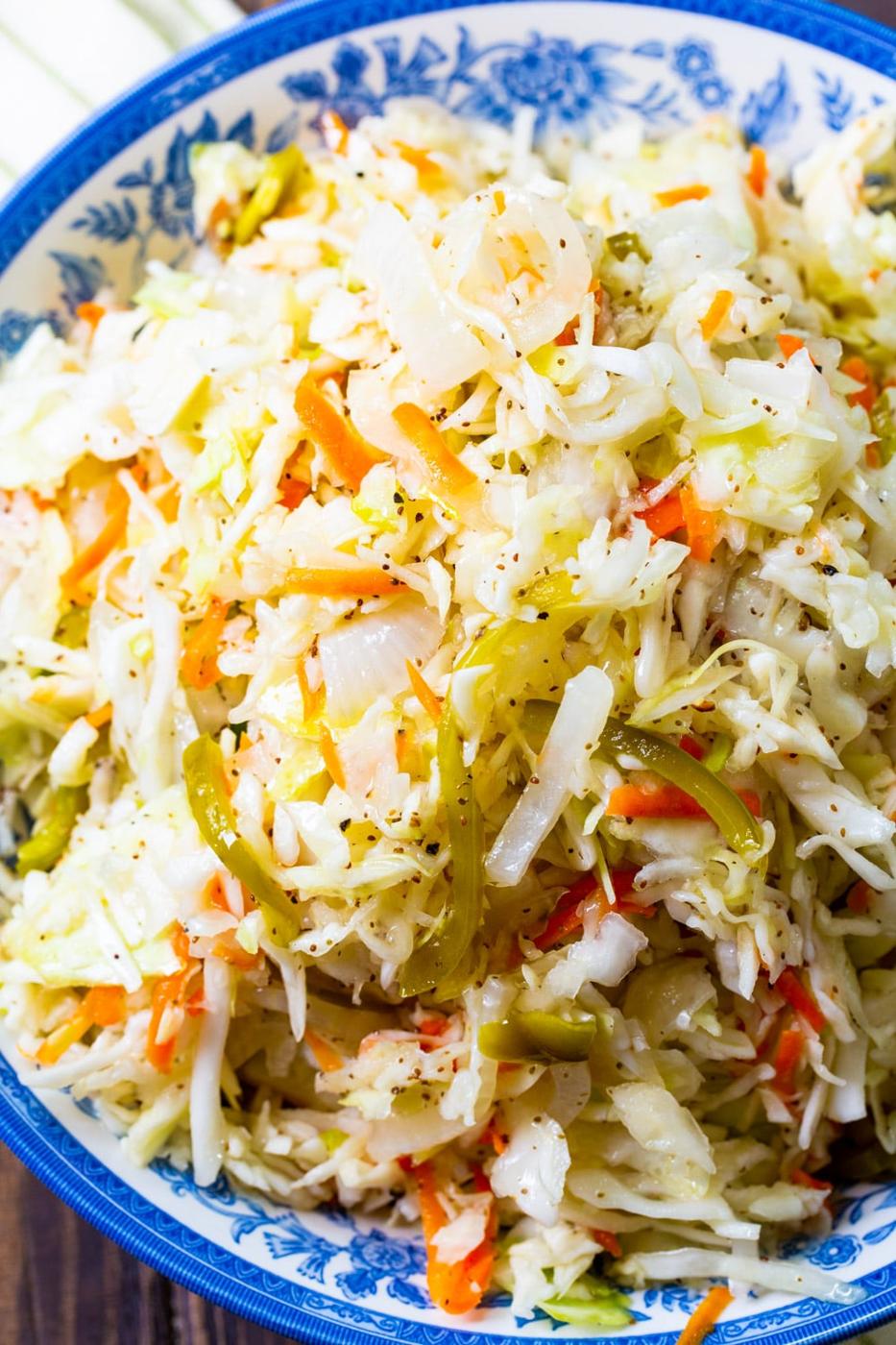 Clous-up of Vinegar Coleslaw in serving bowl.