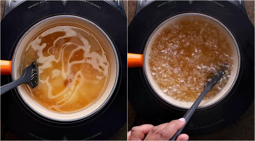 Bringing the oil, vinegar, and sugar to a boil in a saucepan.