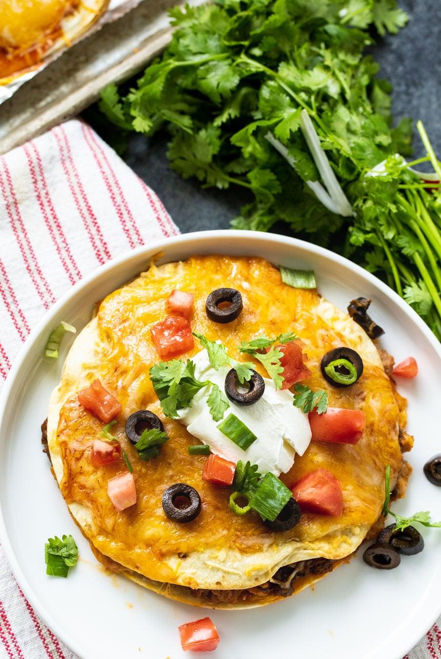 Overhead of Taco Bell Mexican Pizza on white plate.