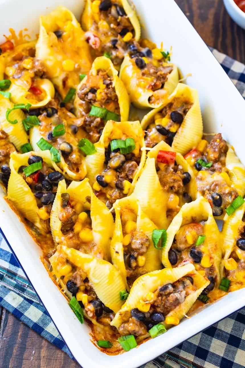 Taco Stuffed Shells in a baking dish