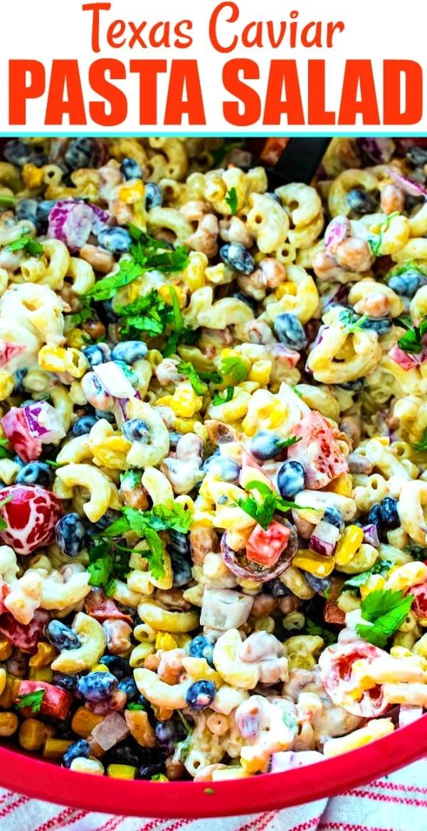 Texas Caviar Pasta Salad in a large red bowl.
