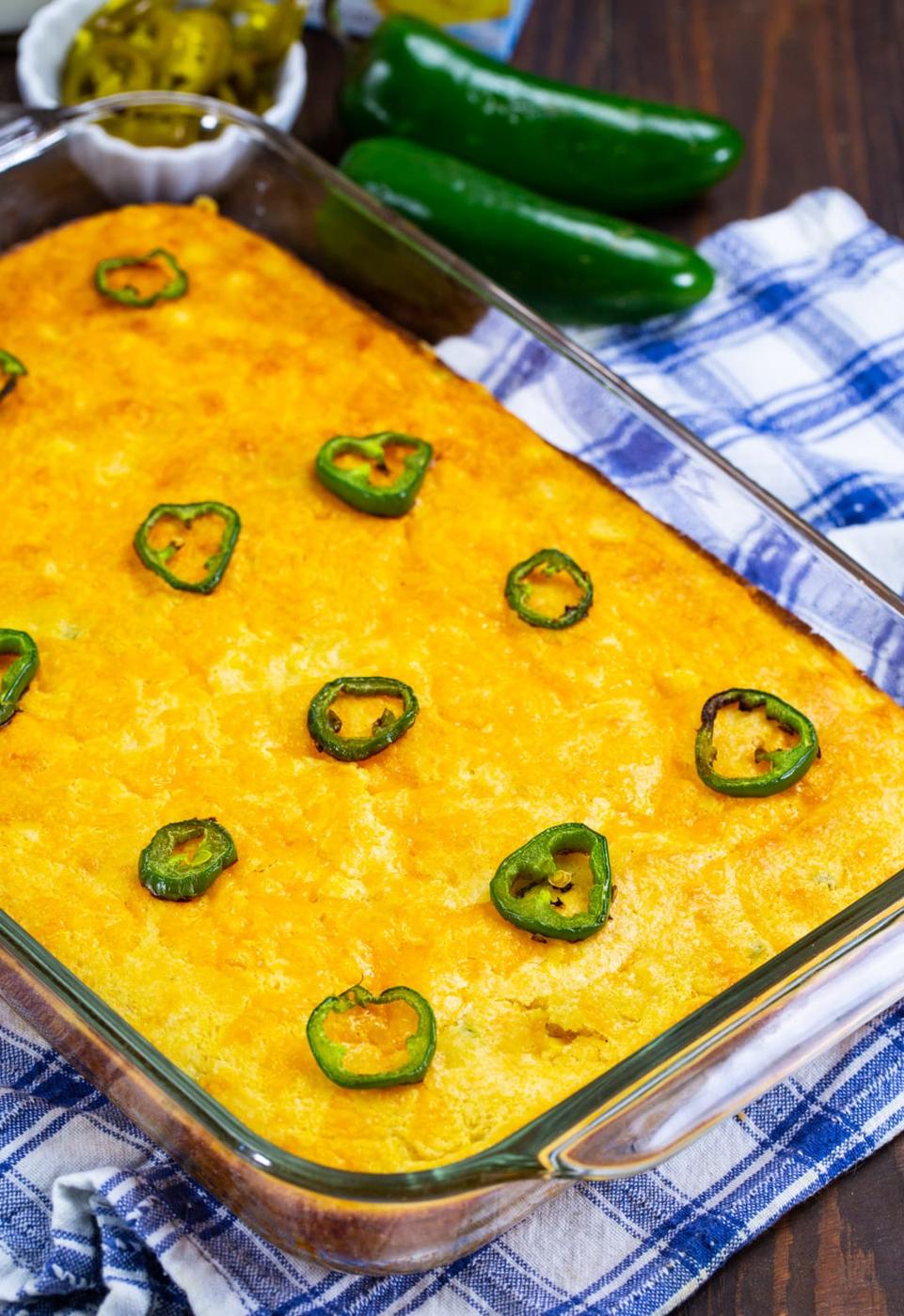 Baked cornbread in a 9x13-inch baking dish.