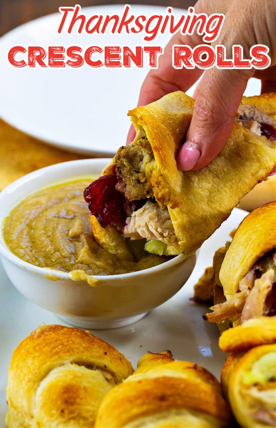 Thanksgiving Crescent Rolls on serving plate and bowl of gravy.