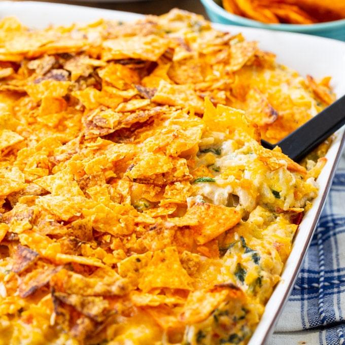 Southwestern Turkey Rice Casserole in a casserole dish