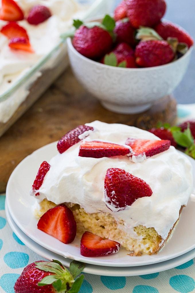 Tres Leches Cake with sliced Strawberries