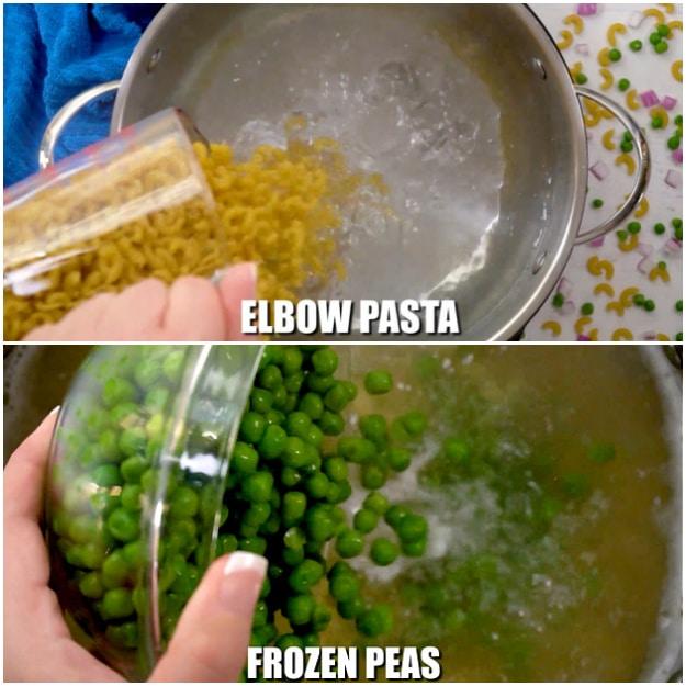 Pasta and peas being cooked.