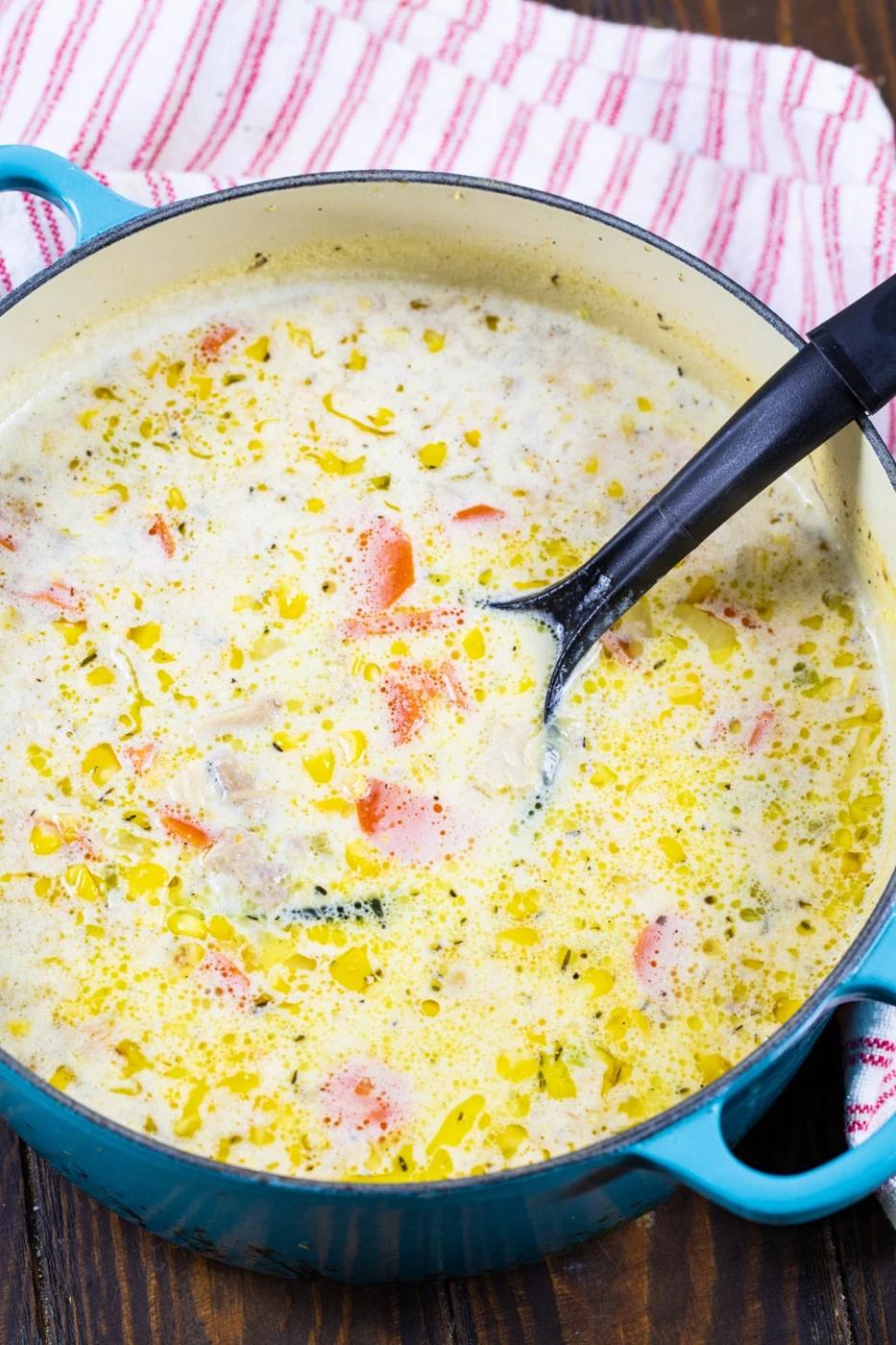 Turkey Corn Chowder in a Dutch oven.