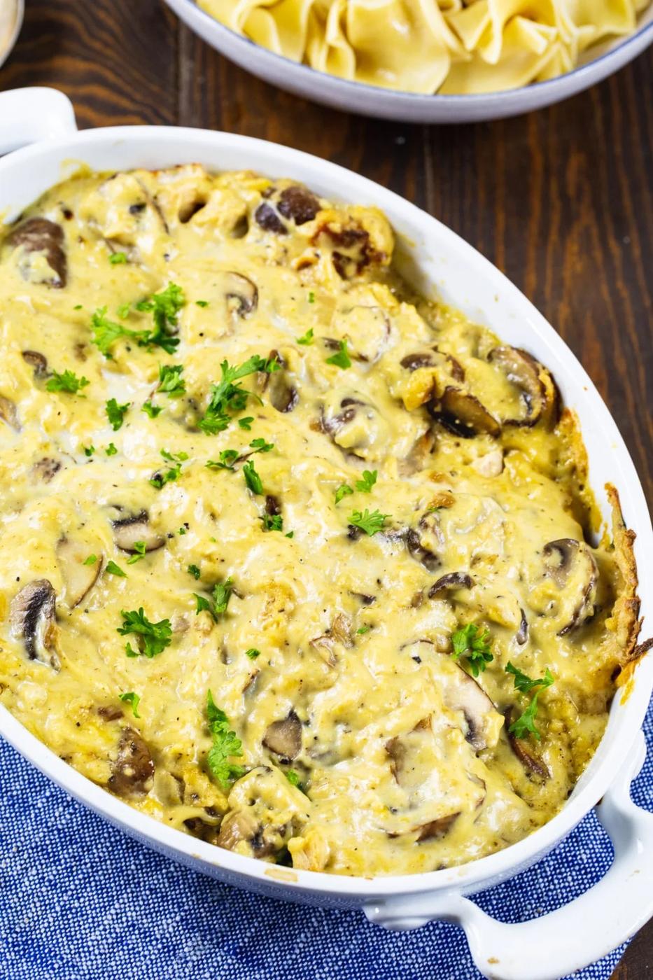 Turkey Florentine in a casserole dish.