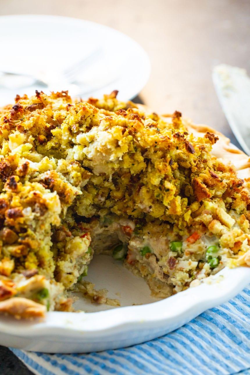 Turkey Pot Pie with Stuffing Topping with a slice cut out.