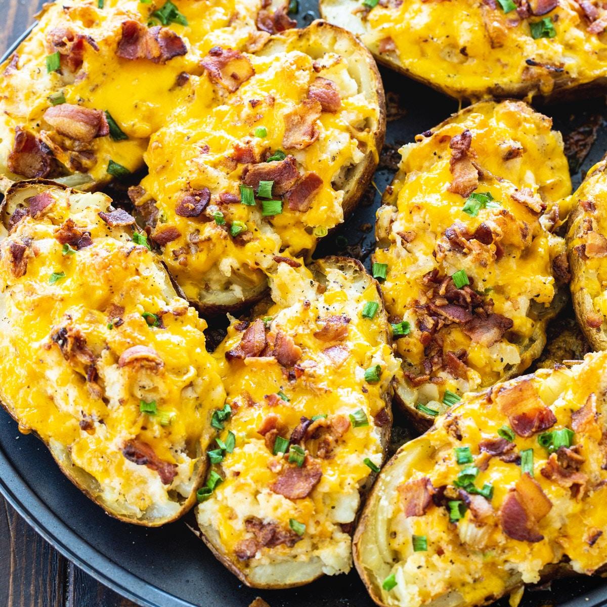 Twice Baked Potatoes on a baking sheet.