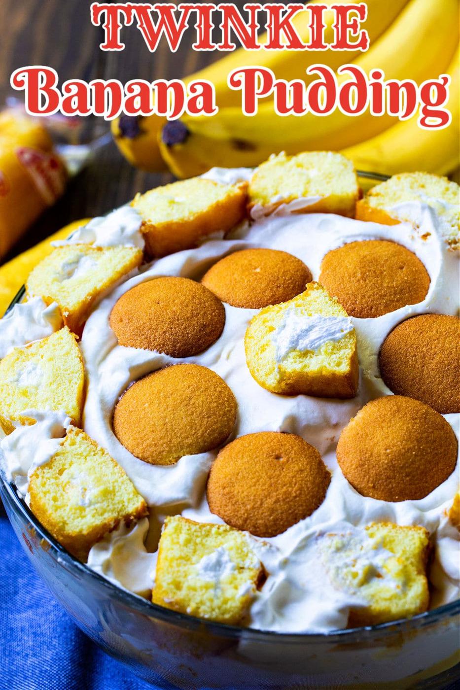 Twinkie Banana Pudding in glass bowl.