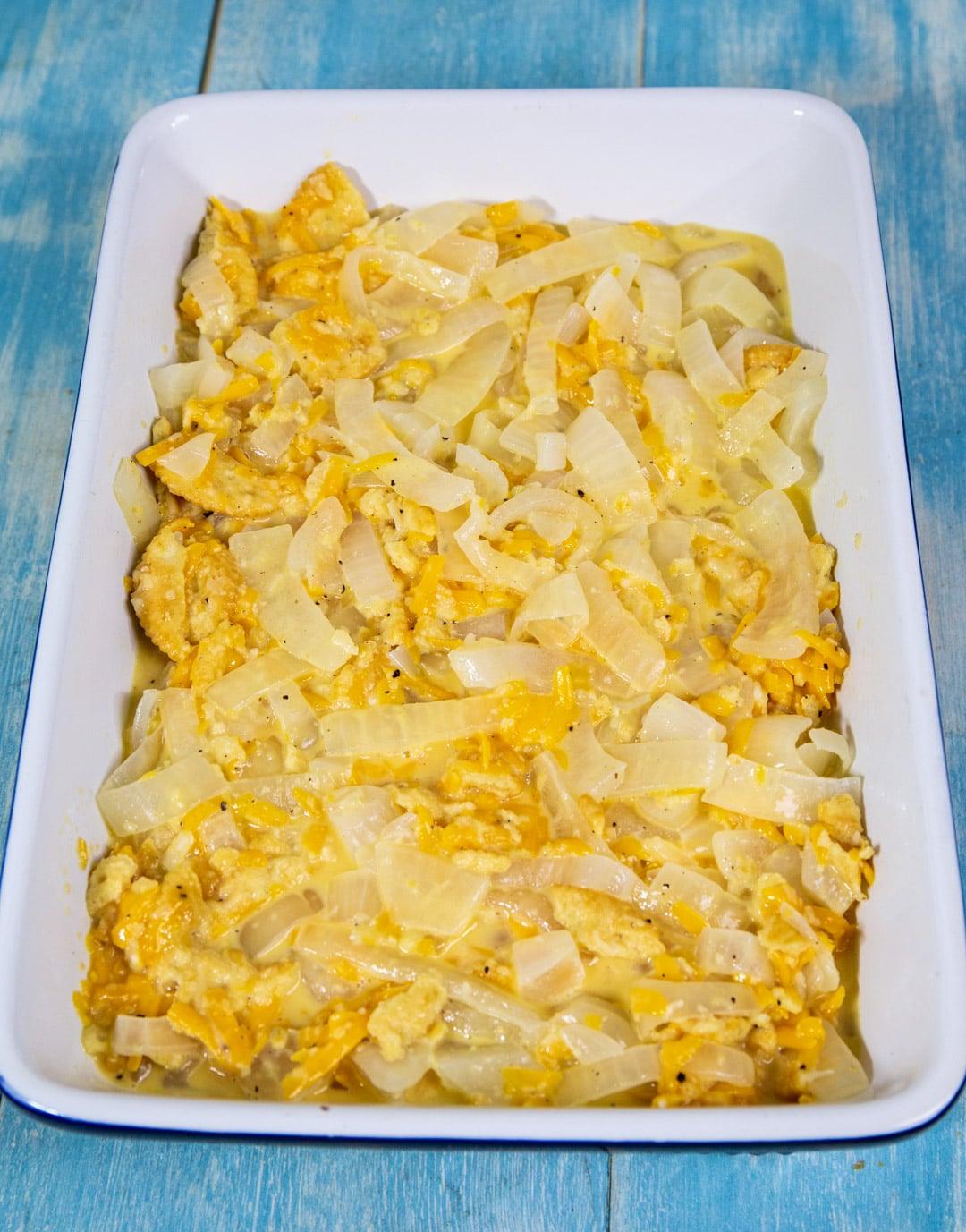 Onion filling in baking dish.