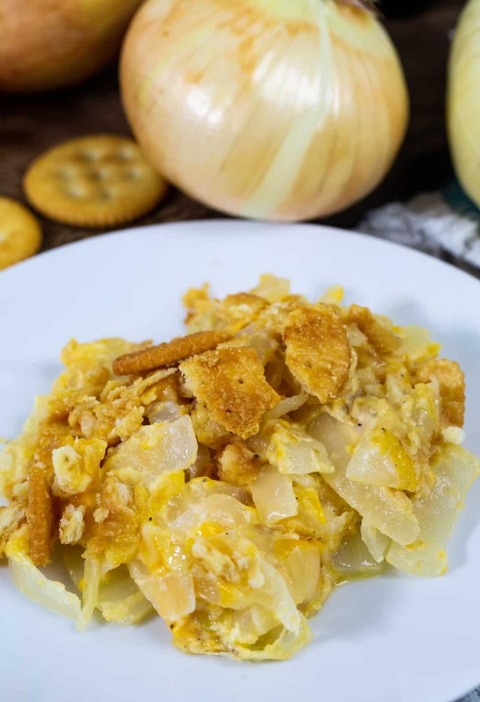 Vidalia Onion Casserole dished up on a plate.