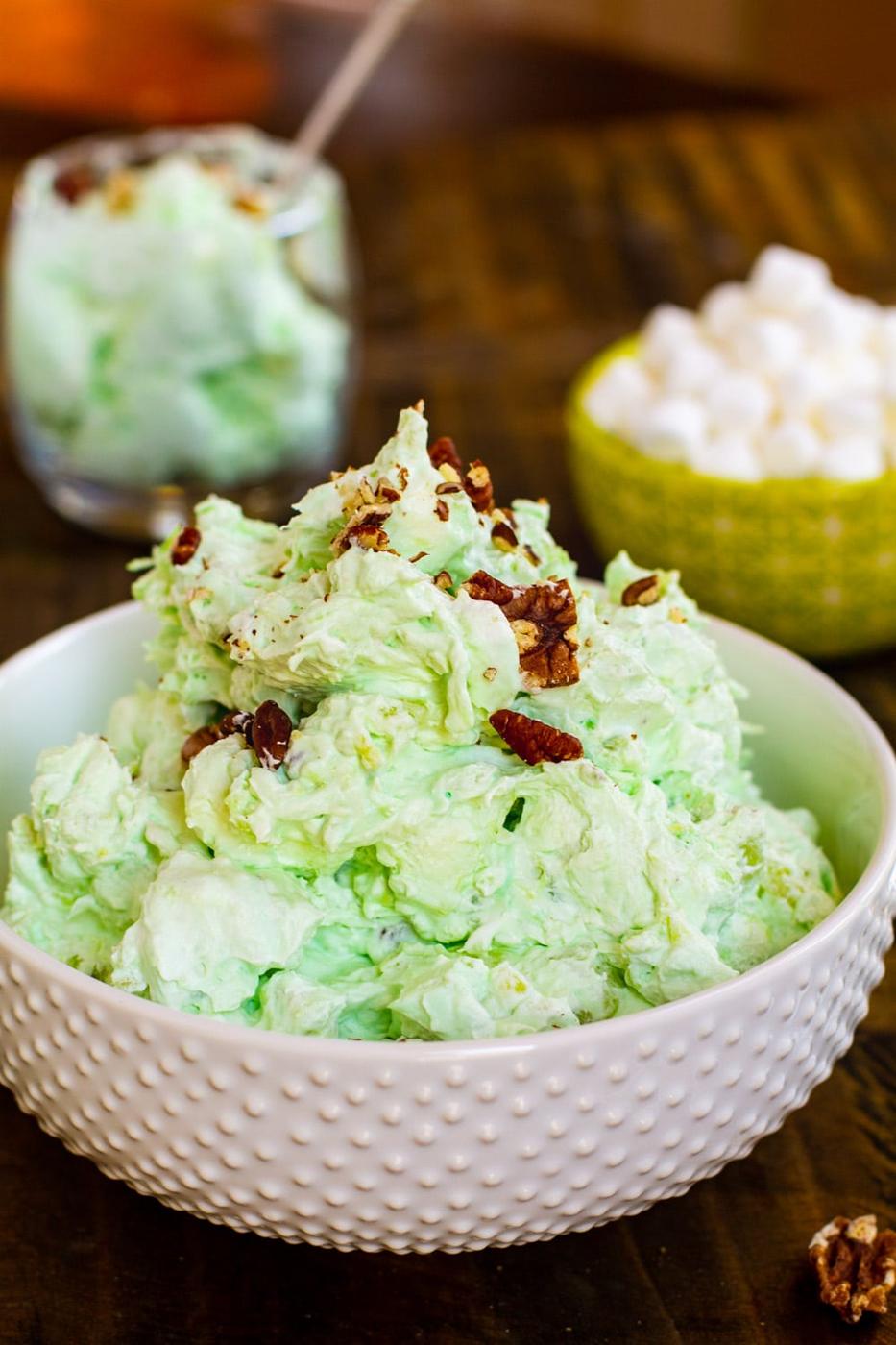 Large bowl full of green fluff.
