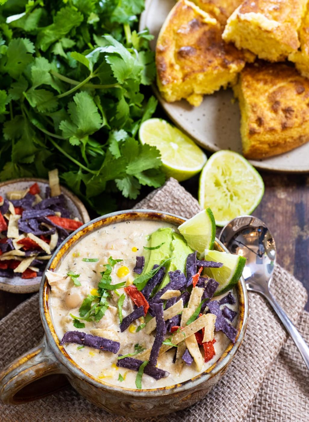 White Chicken Chili topped with crispy tortilla strips.