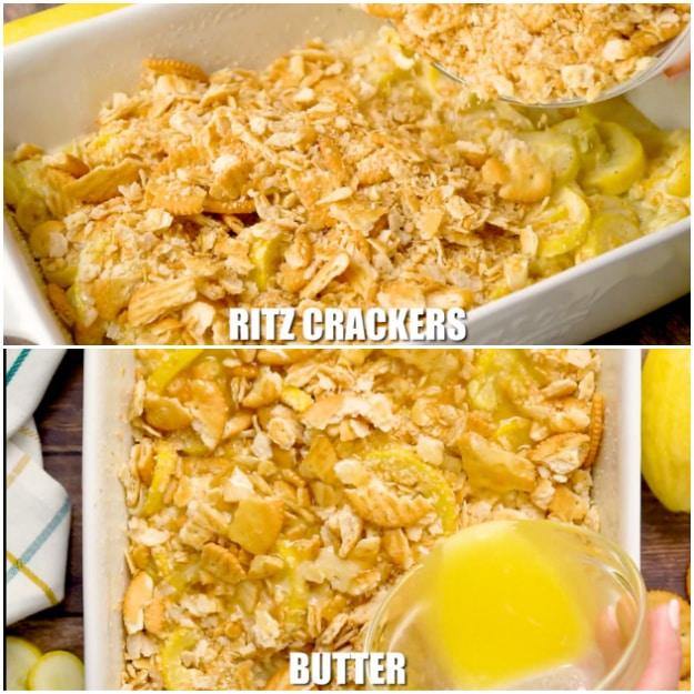 Sprinkling cracker topping and pouring melted butter.