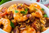 Ruby Rice, Shrimp, and Bacon Medley